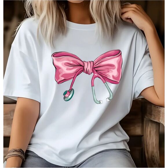 Coquette Pink Bow Stethoscope NEW white short sleeve shirt - Picture 2 of 2